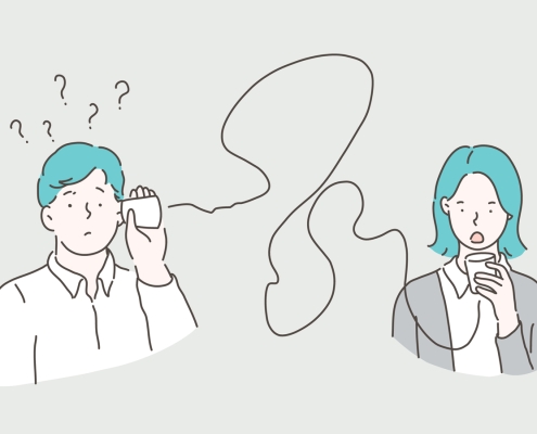 miscommunication concept, cartoon couple struggling to communication through tin cans and a string