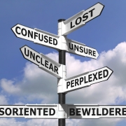 Concept image of a lost and confused signpost against a blue cloudy sky.