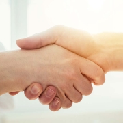 Friendly handshake in front of sunny window