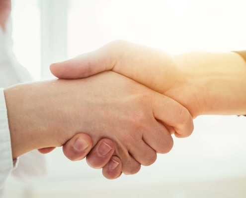 Friendly handshake in front of sunny window